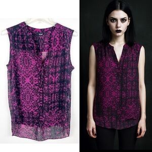 Black Purple Sheer Floral Sleeveless Top Whimsigoth Goth Medium Dark Romantic